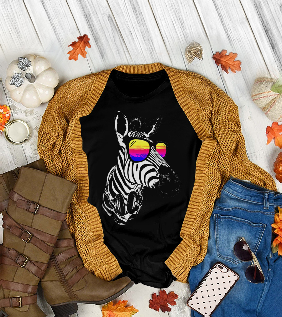 Zebra Horse Summer Fun Retro Sunglasses Headphones T-Shirt