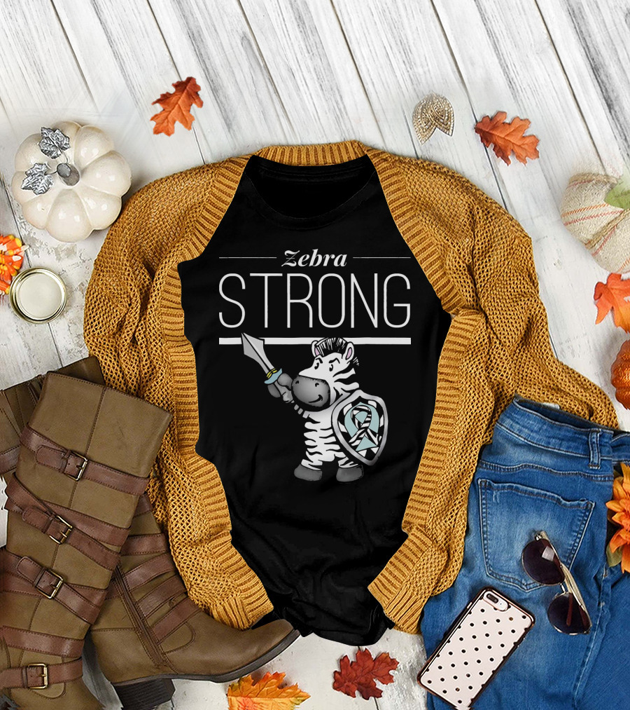 Zebra Strong Sword and Shield with Ehlers Danlos Awareness T-Shirt