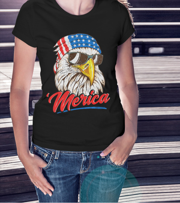 Bald Eagle Merica 80s Mullet With USA Bandana And Sunglasses T-Shirt