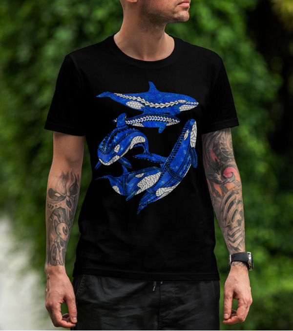 A Pod Of Orca Whales Blue Tribal T-Shirt