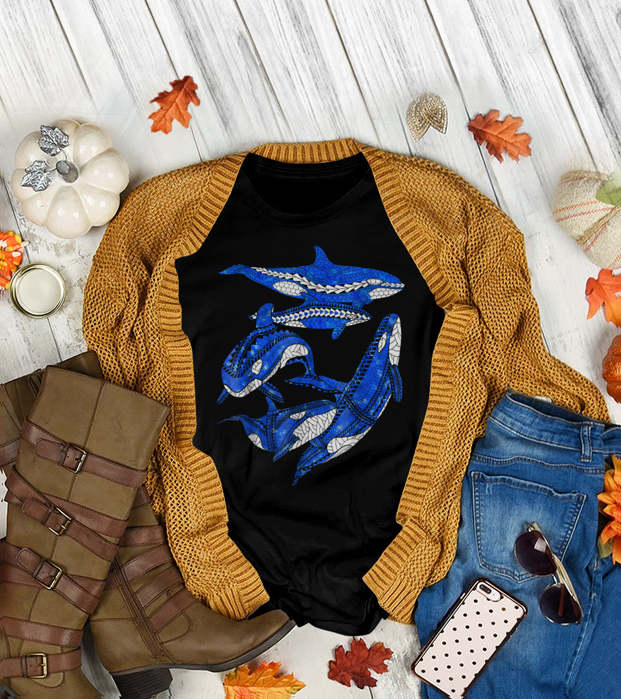 A Pod of Orca Whales Blue Tribal T-Shirt