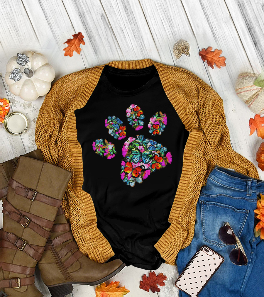 Cat Dog Mom Butterfly Paw Prints T-Shirt