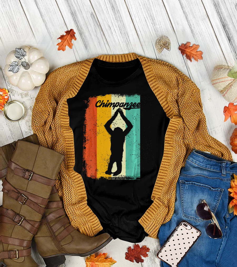 Chimpanzee Retro 70s Vintage Monke Silhouette Color Stripes T-Shirt