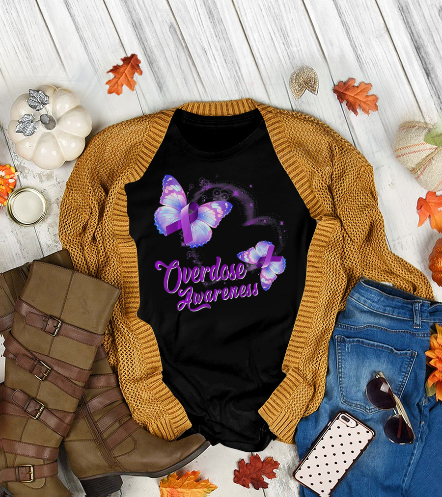 Overdose Awareness Butterfly Purple Ribbon Opioid Overdose T-Shirt