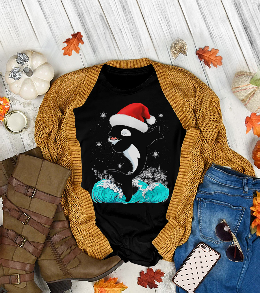 Christmas Orca Whale in Santa Hat Dabbing Amidst Snowflakes and Waves T-Shirt