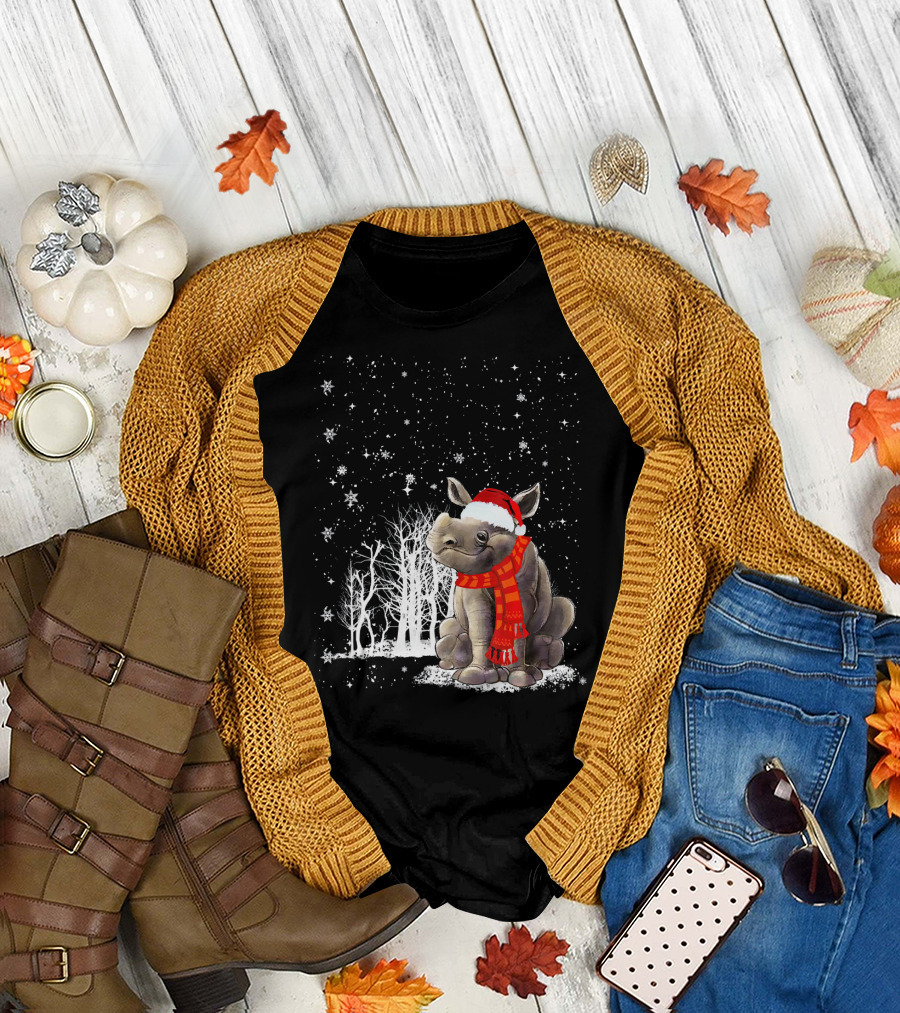Christmas Rhino with Santa Hat and Scarf in Winter Scene T-Shirt