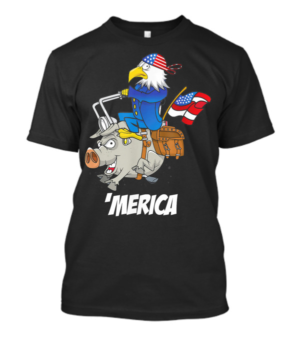 'Merica Eagle Riding Motorcycle Pig With American Flag T-Shirt