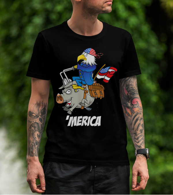 'Merica Eagle Riding Motorcycle Pig With American Flag T-Shirt