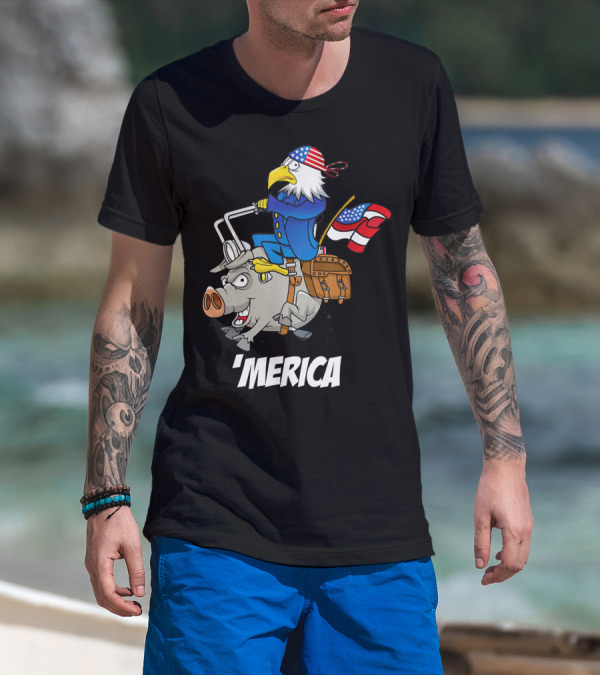 'Merica Eagle Riding Motorcycle Pig With American Flag T-Shirt