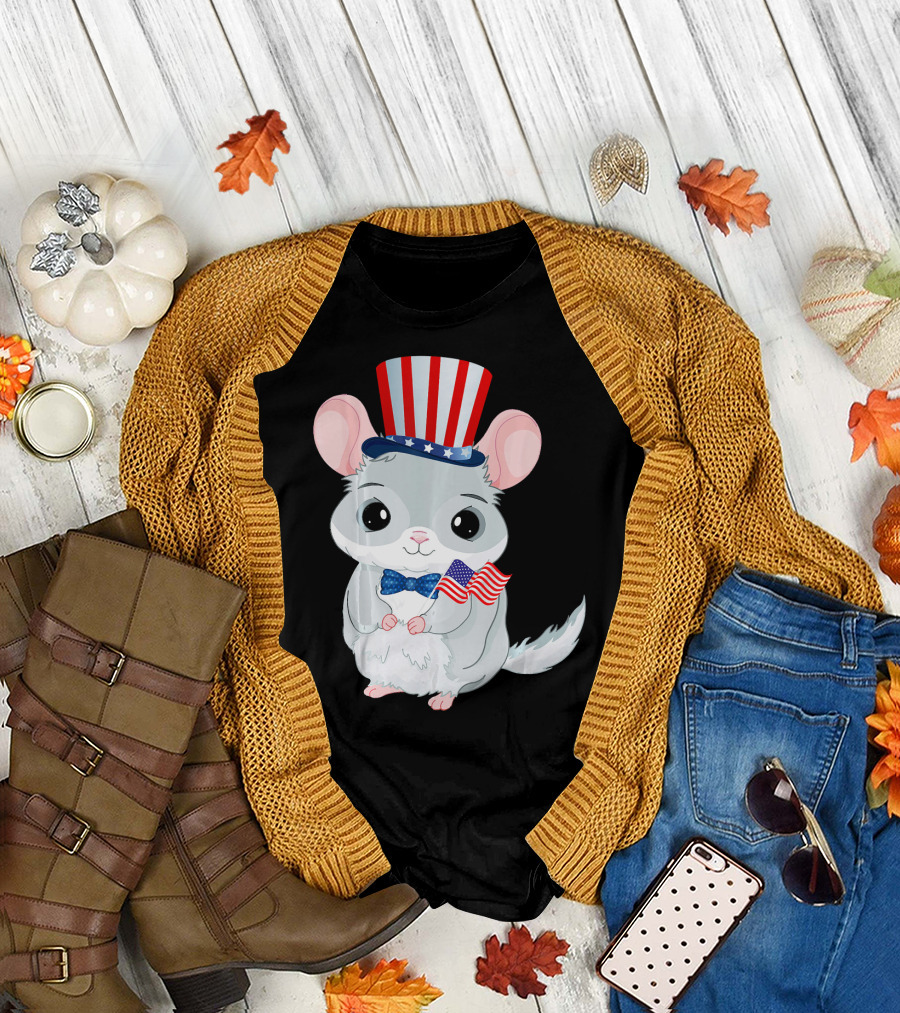 Chinchilla with Patriotic Hat and American Flag for 4th of July T-Shirt