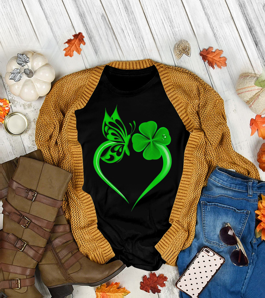 Butterfly Heart Shape Shamrock Lover паттерн T-Shirt