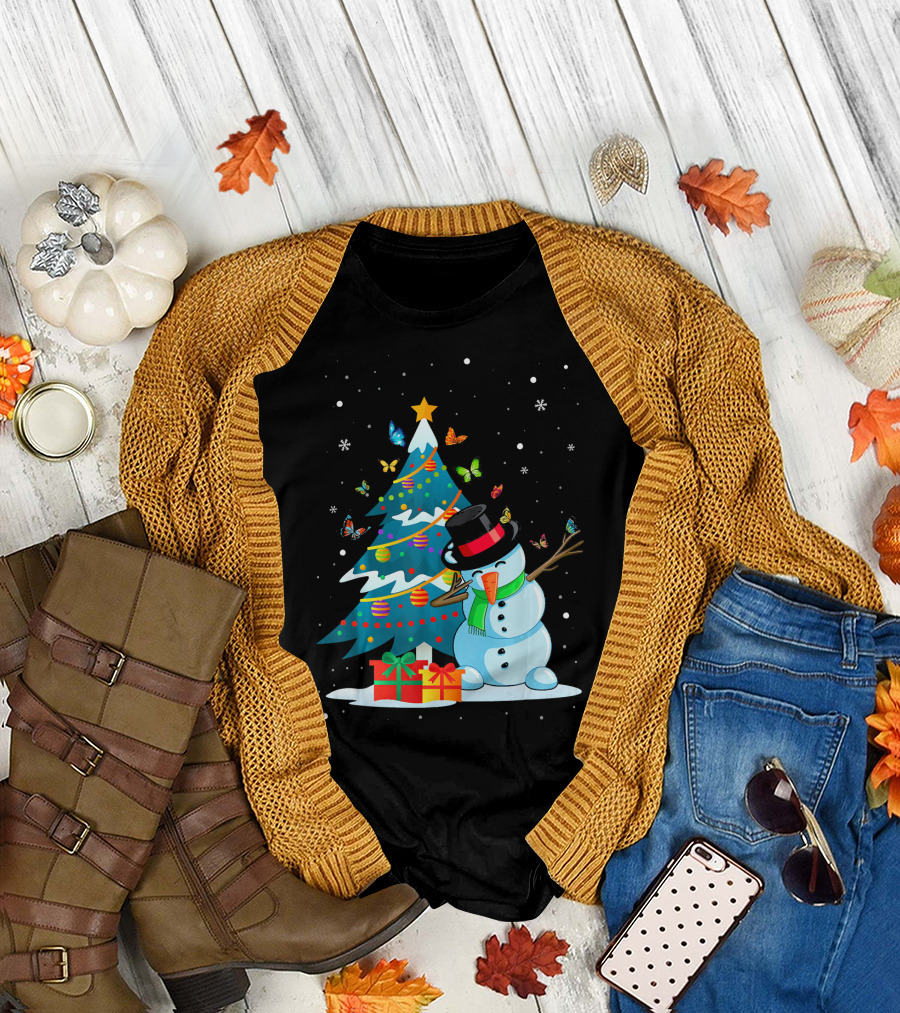 Butterfly Snowman Christmas Holiday Tree with Presents T-Shirt
