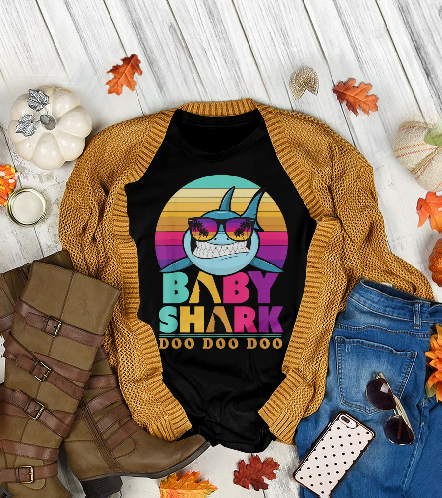 Baby Shark Doo Doo Doo Retro Sunset Sunglasses Palm Trees T-Shirt