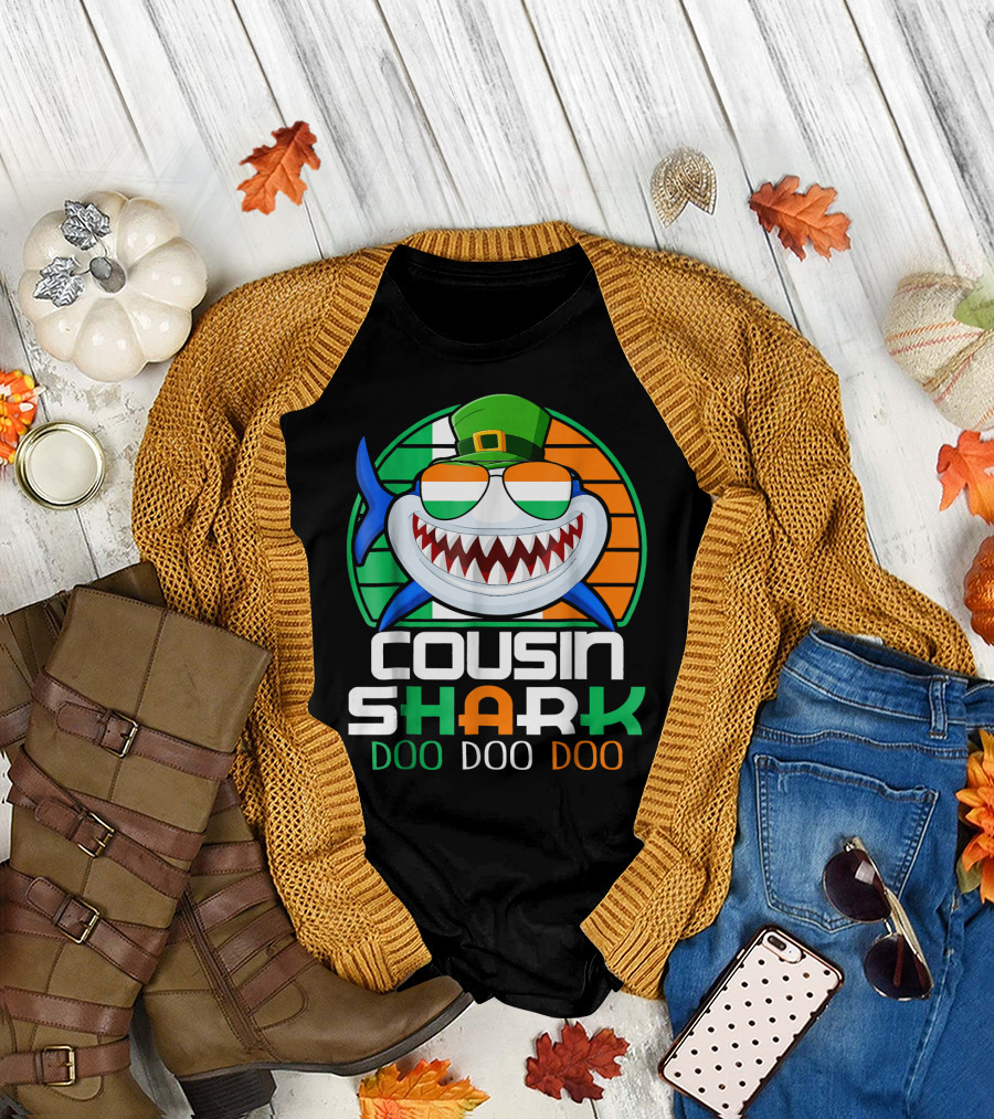 Cousin Shark Doo Doo Doo Funny St. Patrick's Day Ireland Flag T-Shirt