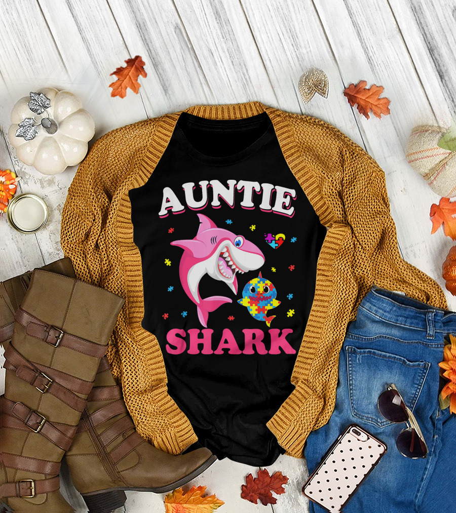 Auntie Shark Autism Awareness Puzzle Piece Heart T-Shirt