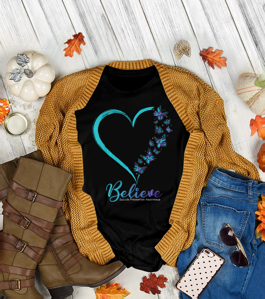 Believe Suicide Prevention Awareness Butterfly Heart T-Shirt