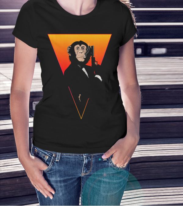 Cool Agent Monkey Face In Tuxedo With Gun T-Shirt