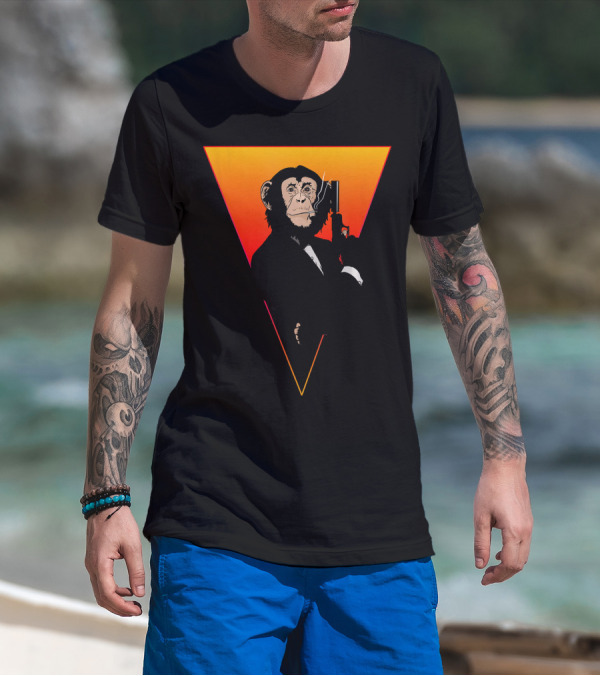 Cool Agent Monkey Face In Tuxedo With Gun T-Shirt