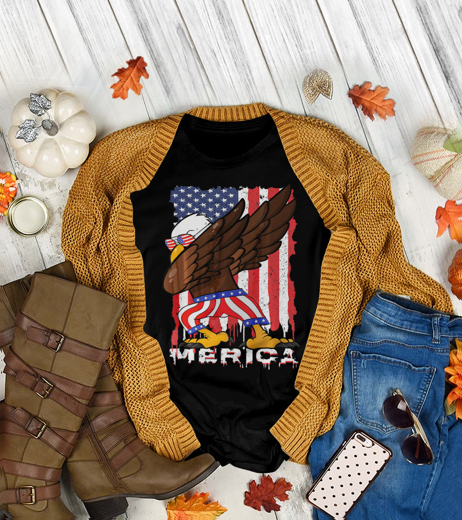 Dabbing Eagle Kids 4th of July Merica Celebration with American Flag Background T-Shirt