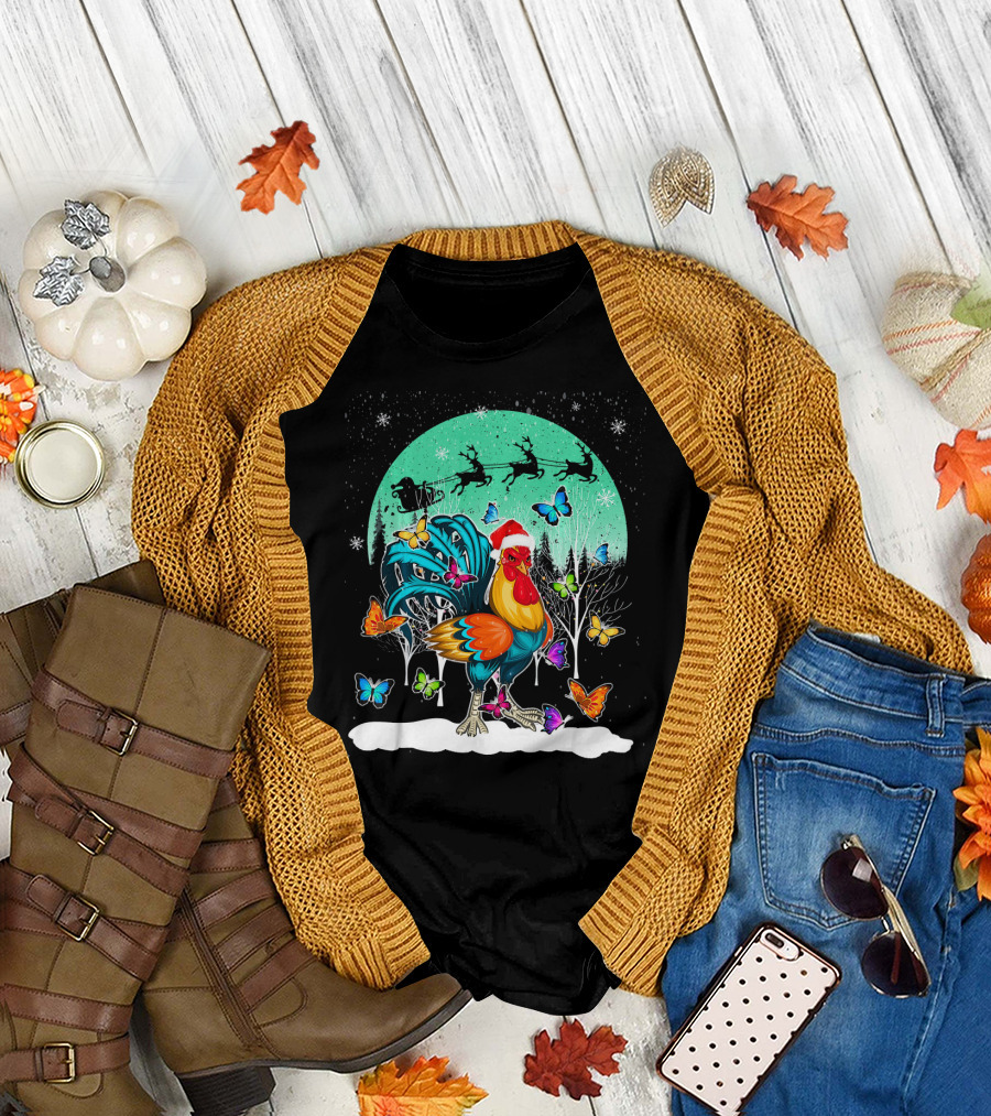 Cute Chicken Snow Christmas Butterfly Santa Claus Sleigh T-Shirt