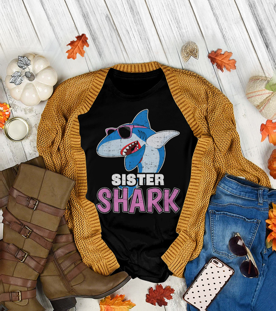 Sister Shark Wearing Sunglasses Dabbing Family Match T-Shirt