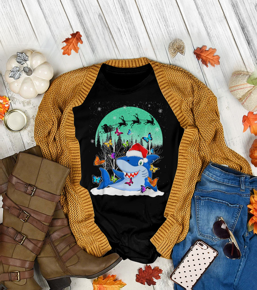 Cute Shark Christmas Santa Hat Butterflies Snow Scene T-Shirt