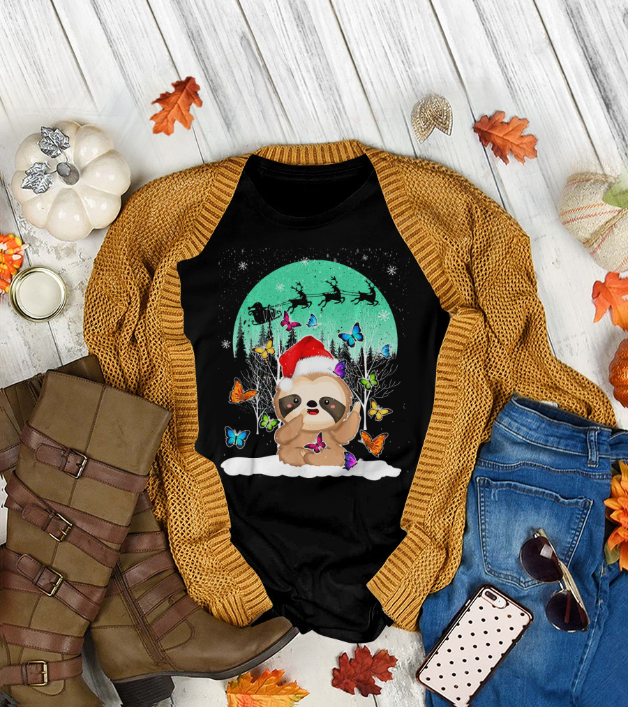 Cute Sloth Snow Christmas Santa Hat Butterfly T-Shirt
