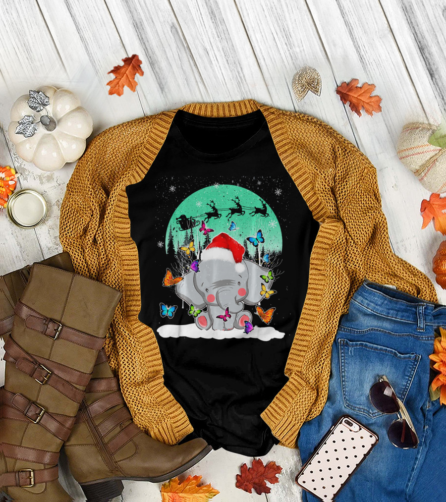Santa Hat Elephant with Butterflies and Snowy Christmas Scene T-Shirt