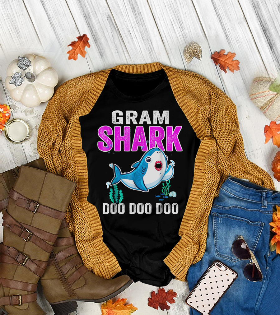GRAM SHARK DOO DOO DOO Swimming Cartoon Shark With Ocean Plants T-Shirt