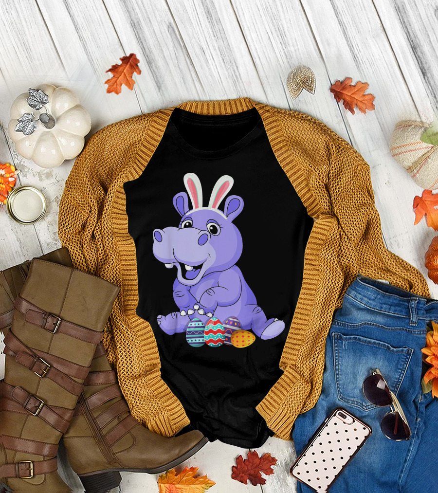 Cute Easter Hippo With Bunny Ears And Easter Eggs T-Shirt
