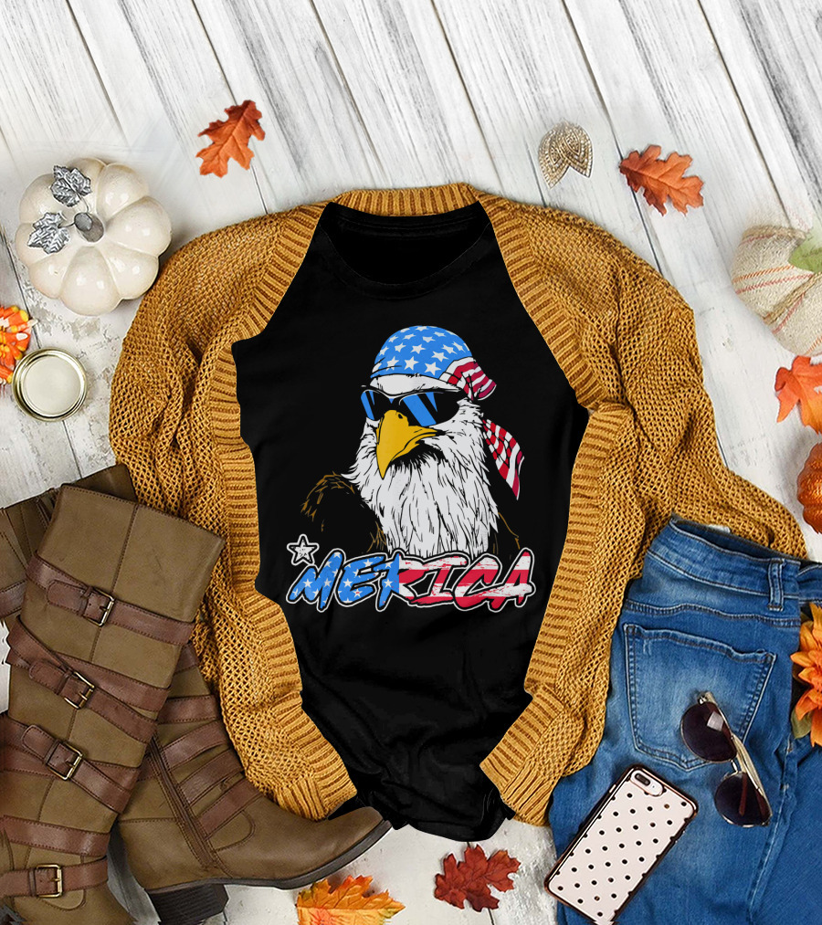 Eagle Merica Patriotic Bandana and Sunglasses American Flag 4th of July T-Shirt