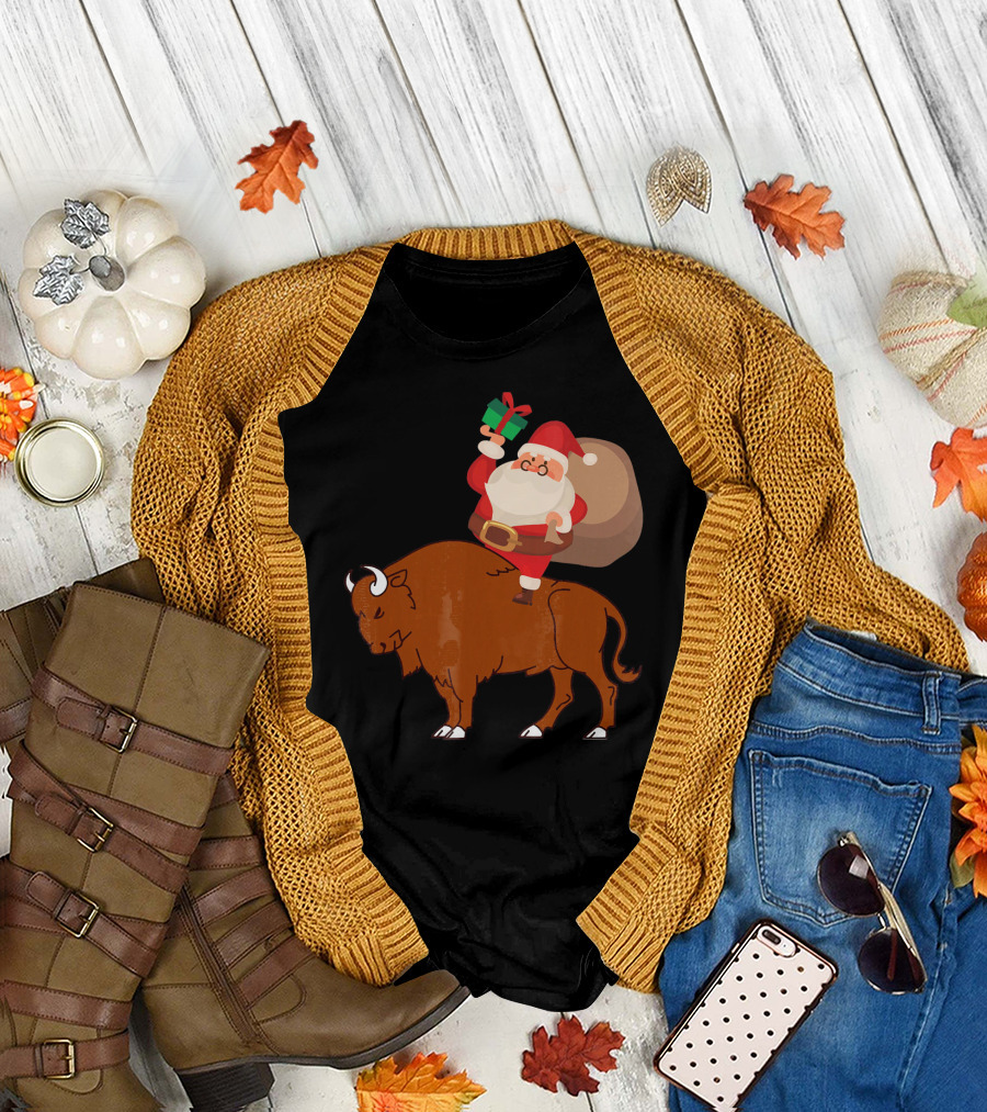 Funny Christmas Santa on Bison with Present T-Shirt