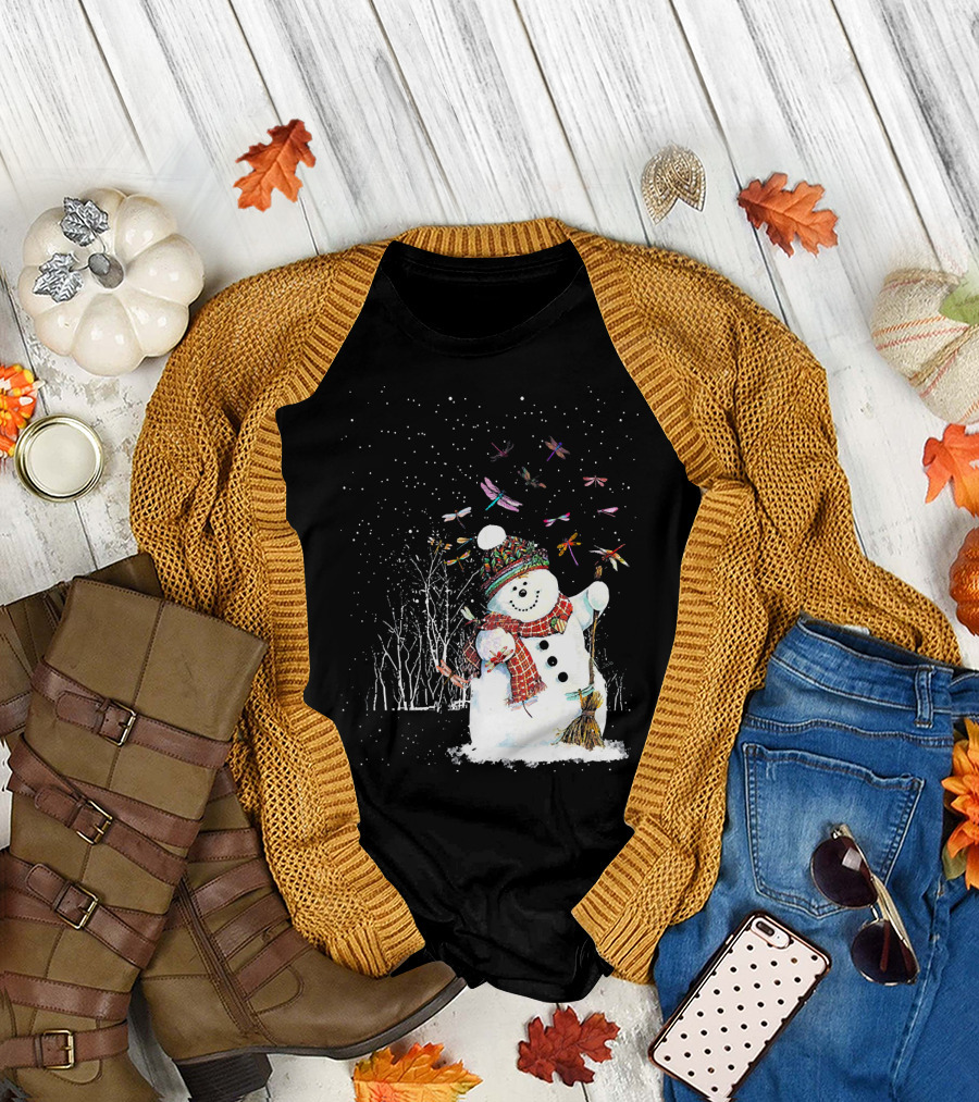 Dragonfly Christmas Snowman Surrounded by Festive Dragonflies T-Shirt