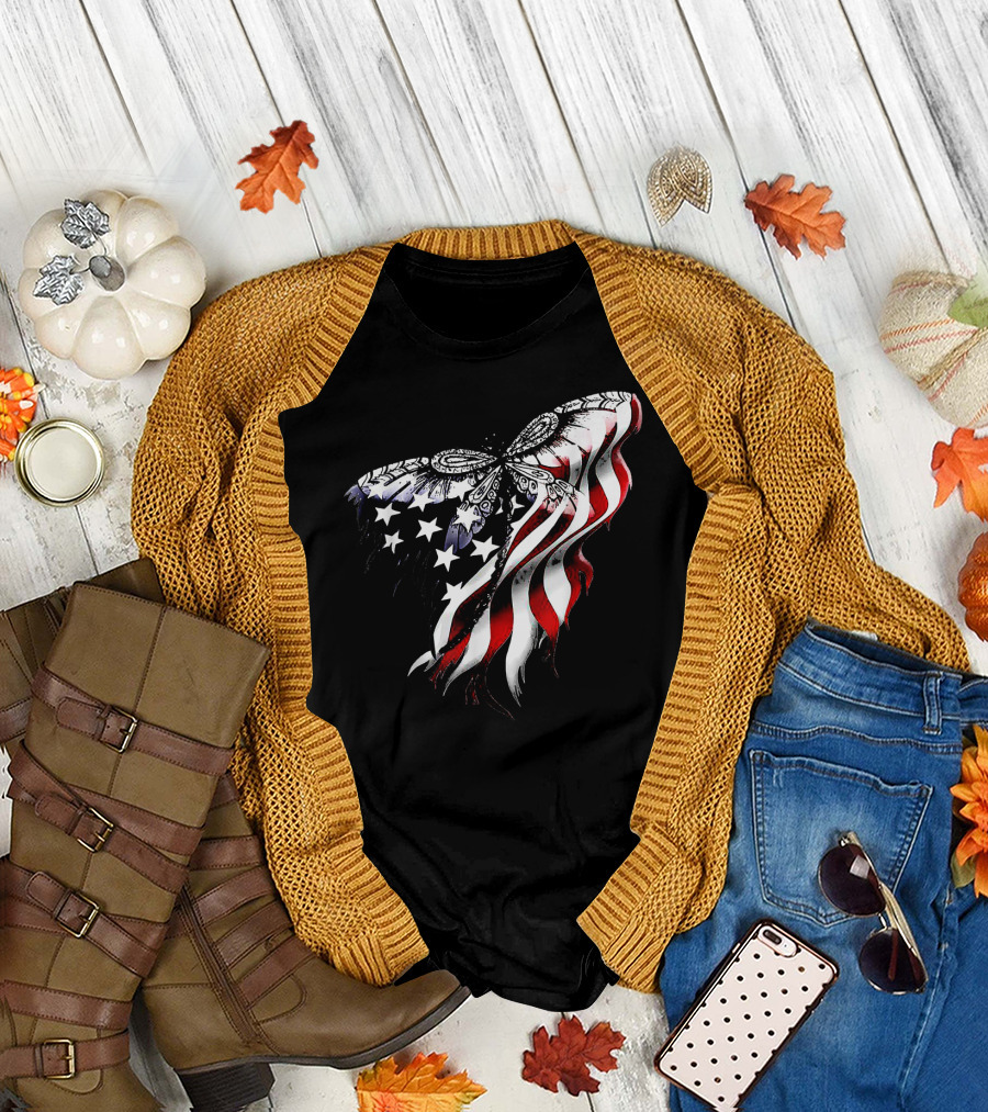 Dragonfly Overlay on American Flag T-Shirt