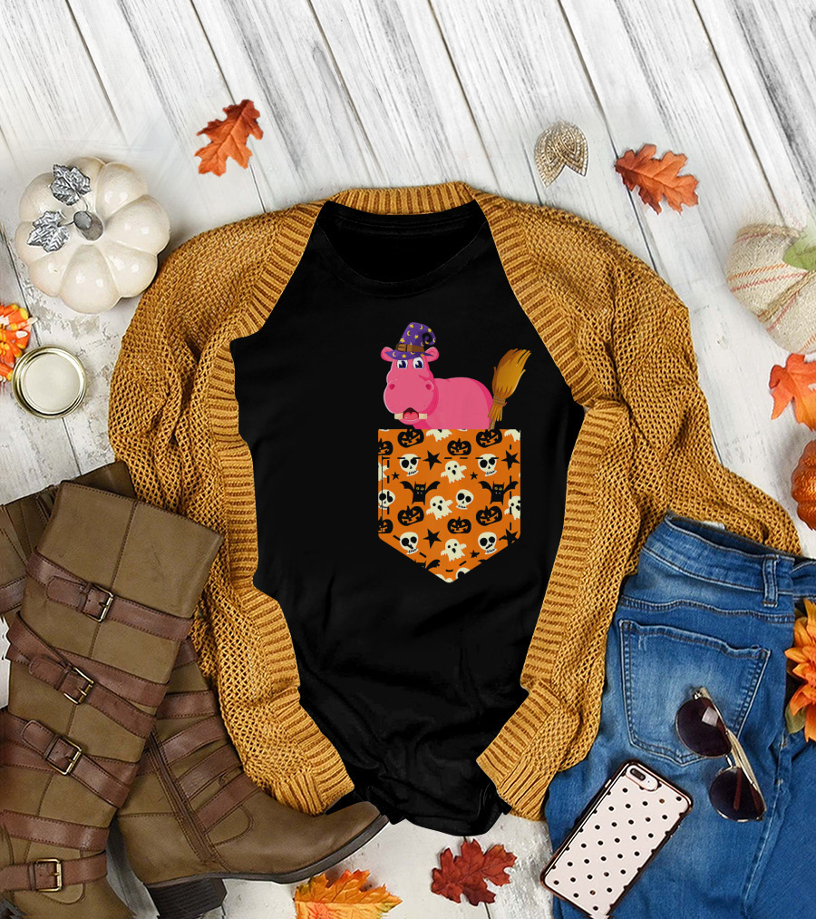 Cute Halloween Hippopotamus Pumpkin Pocket with Witch Hat and Broom T-Shirt