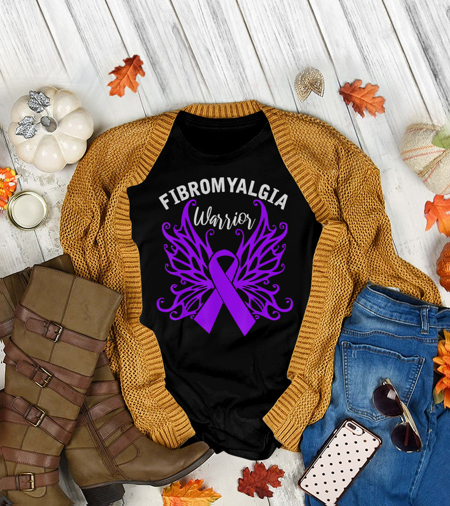 Fibromyalgia Warrior Butterfly Awareness Purple Ribbon Wings T-Shirt
