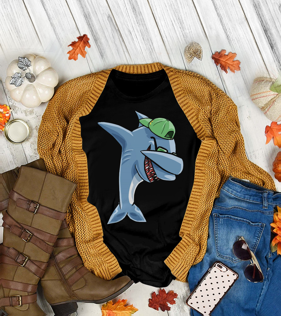Funny Dabbing Shark Wearing Green Cap and Sunglasses T-Shirt