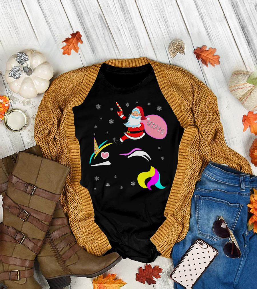 Funny Cute Santa Riding Unicorn Orca with Gifts and Snowflakes T-Shirt