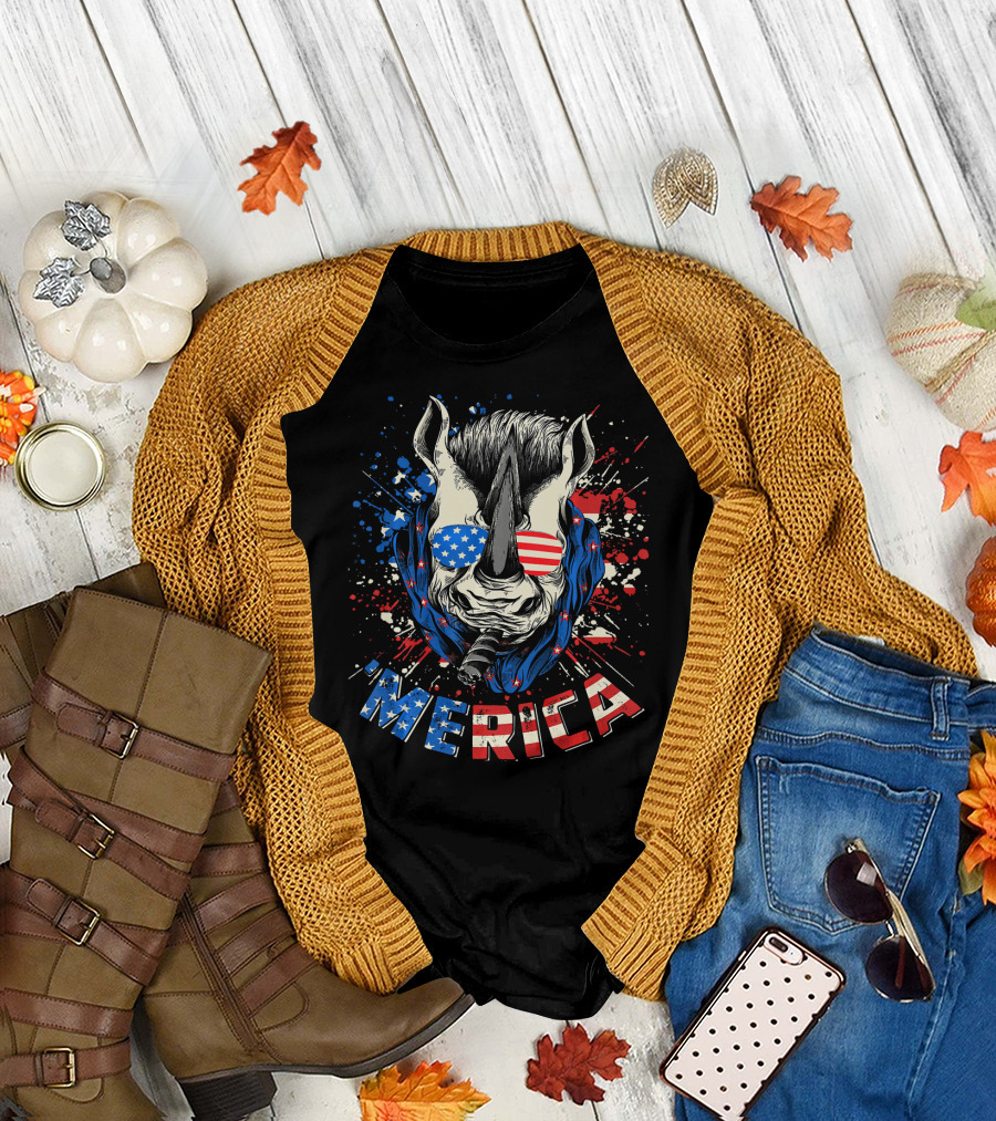 'Merica Patriotic Rhino with American Flag Sunglasses T-Shirt