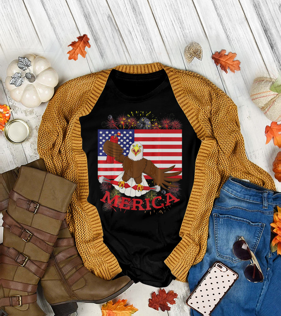 Merica Bald Eagle Fireworks American Flag Patriotic T-Shirt