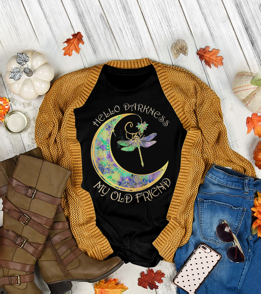 Hello Darkness My Old Friend Dragonfly Boho Moon T-Shirt