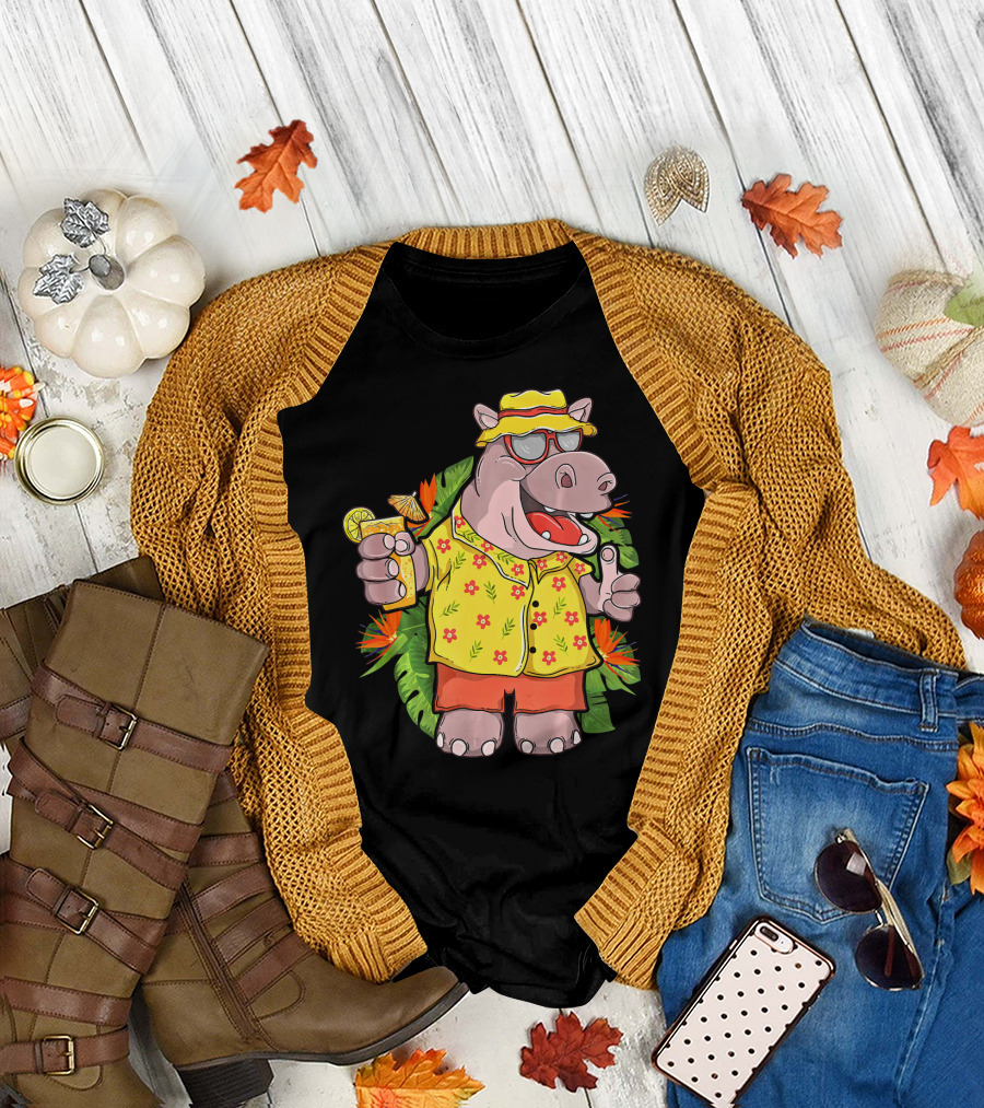 Hippo in Hawaiian Shirt with Sunglasses and Tropical Drink T-Shirt