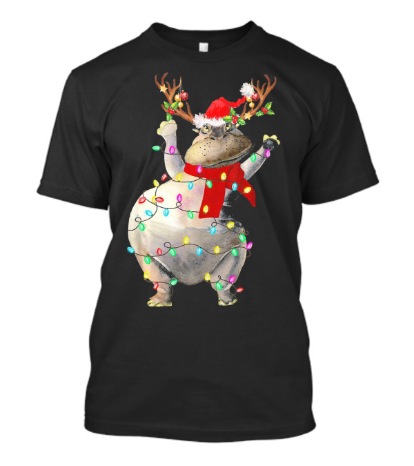 Hippopotamus In Santa Hat With Reindeer Antlers And Christmas Lights T-Shirt