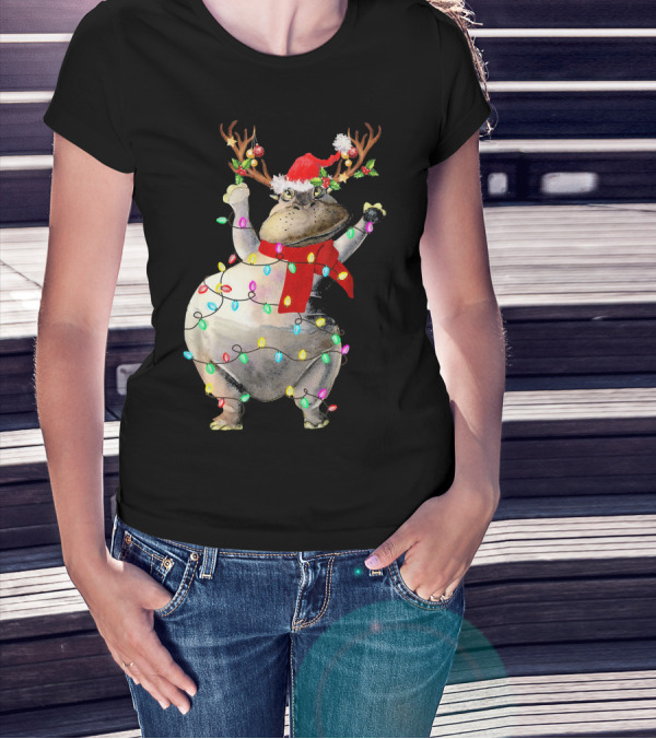 Hippopotamus In Santa Hat With Reindeer Antlers And Christmas Lights T-Shirt
