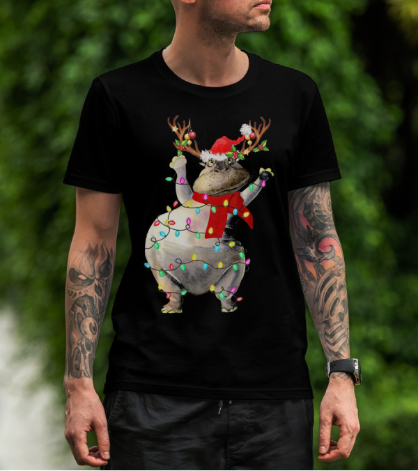 Hippopotamus In Santa Hat With Reindeer Antlers And Christmas Lights T-Shirt