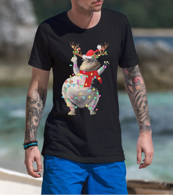 Hippopotamus In Santa Hat With Reindeer Antlers And Christmas Lights T-Shirt