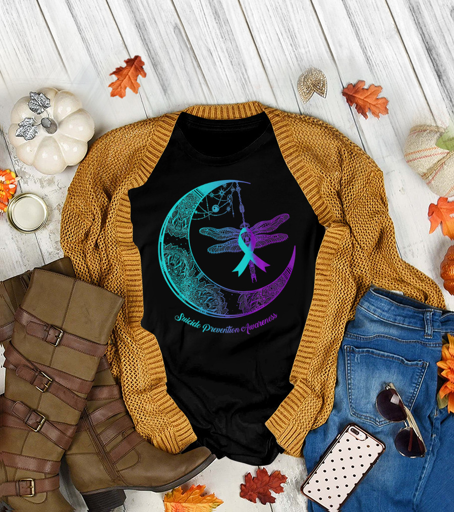 Suicide Prevention Awareness Henna Dragonfly Moon T-Shirt