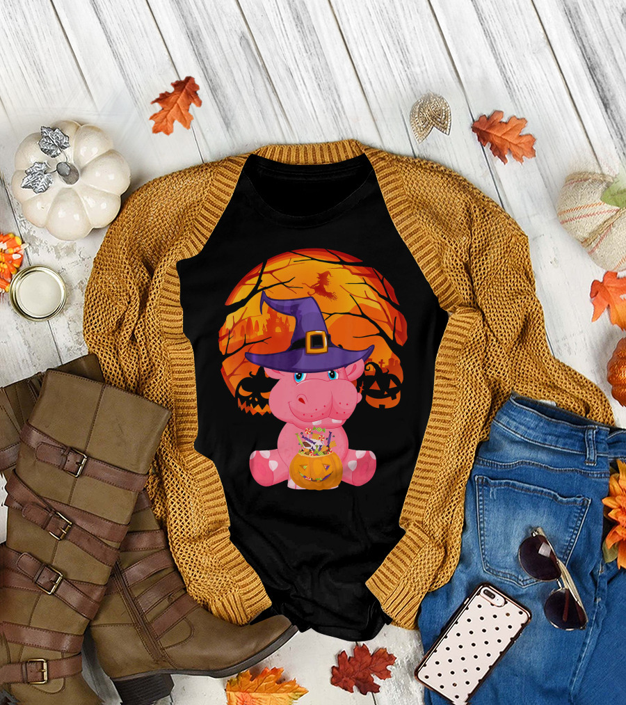 Halloween Hippo Witch Costume Kids Pumpkin Candy Moon T-Shirt