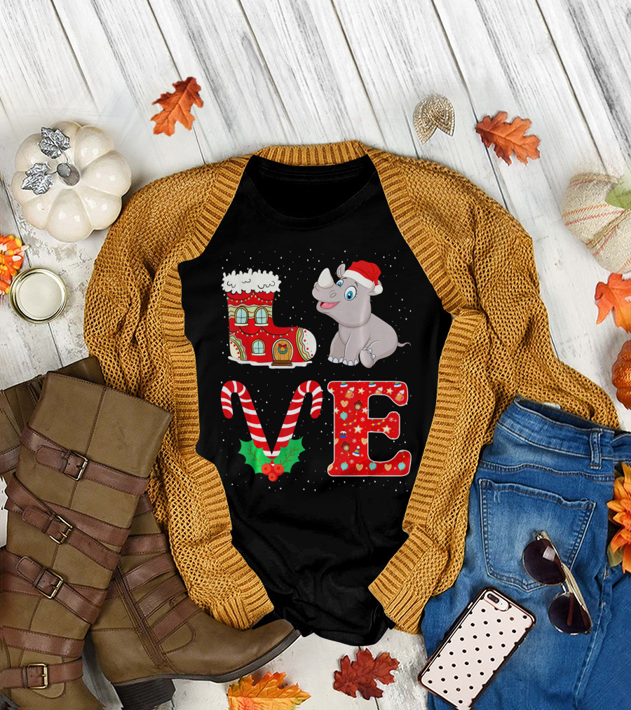 Love My Rhino Christmas Santa Hat Boot Candy Cane Holydays T-Shirt