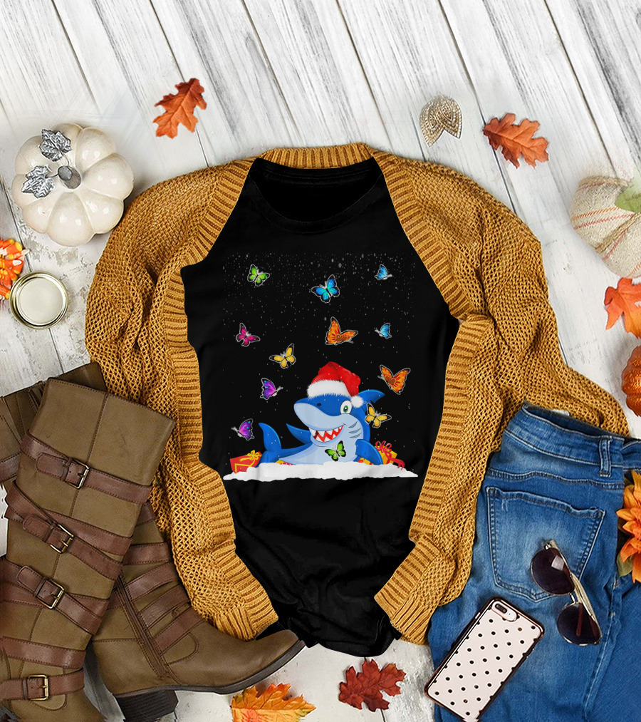 Lovely Shark Christmas with Snow and Butterflies T-Shirt